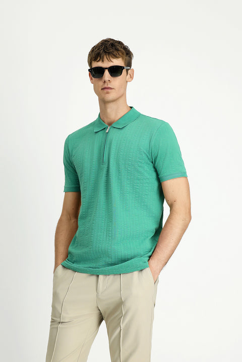 Dark Green Slim Fit Narrow Cut Cotton Patterned Zip-Up Polo Shirt