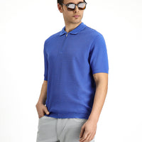 Mavi Slim Fit Dar Kesim Pamuk Desenli Fermuarlı Polo Yaka Tişört