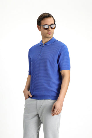  Mavi Slim Fit Dar Kesim Pamuk Desenli Fermuarlı Polo Yaka Tişört