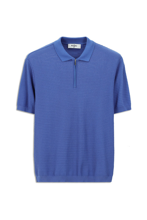 Mavi Slim Fit Dar Kesim Pamuk Desenli Fermuarlı Polo Yaka Tişört