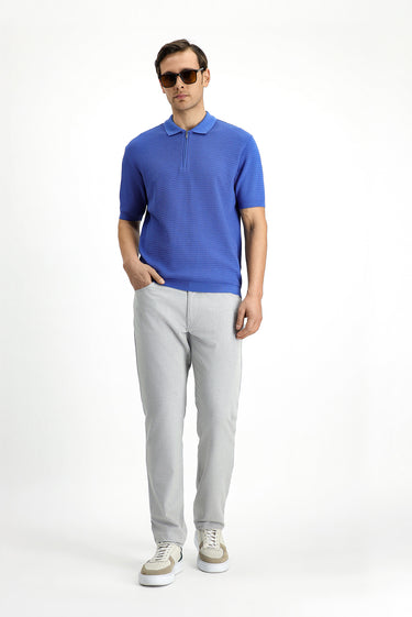  Mavi Slim Fit Dar Kesim Pamuk Desenli Fermuarlı Polo Yaka Tişört