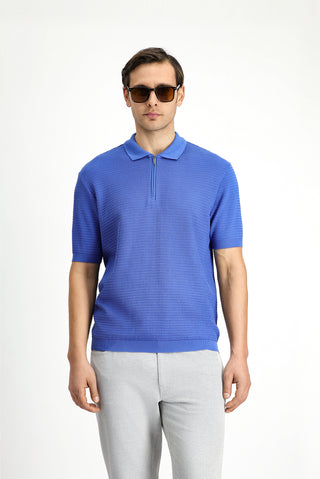  Mavi Slim Fit Dar Kesim Pamuk Desenli Fermuarlı Polo Yaka Tişört