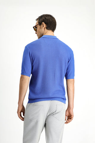  Mavi Slim Fit Dar Kesim Pamuk Desenli Fermuarlı Polo Yaka Tişört