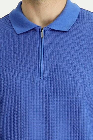 Mavi Slim Fit Dar Kesim Pamuk Desenli Fermuarlı Polo Yaka Tişört