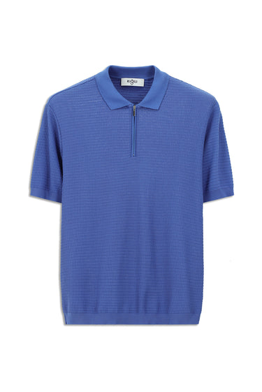 Mavi Slim Fit Dar Kesim Pamuk Desenli Fermuarlı Polo Yaka Tişört