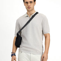 Açık Bej Slim Fit Dar Kesim Pamuk Desenli Fermuarlı Polo Yaka Tişört