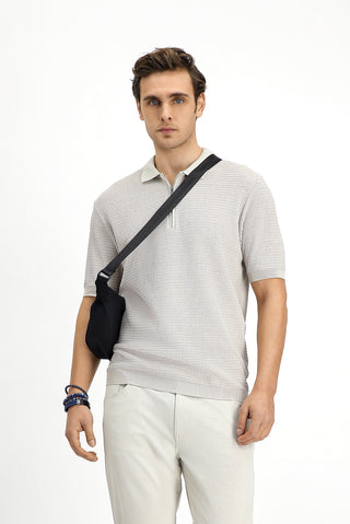  Açık Bej Slim Fit Dar Kesim Pamuk Desenli Fermuarlı Polo Yaka Tişört