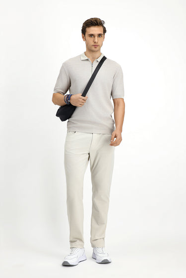  Açık Bej Slim Fit Dar Kesim Pamuk Desenli Fermuarlı Polo Yaka Tişört