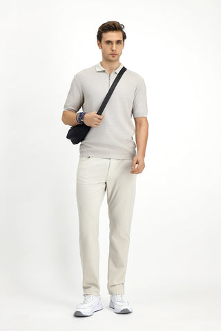  Açık Bej Slim Fit Dar Kesim Pamuk Desenli Fermuarlı Polo Yaka Tişört
