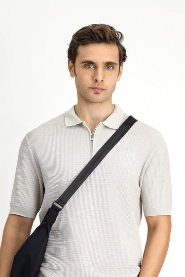  Açık Bej Slim Fit Dar Kesim Pamuk Desenli Fermuarlı Polo Yaka Tişört