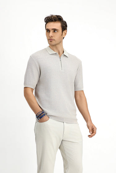 Açık Bej Slim Fit Dar Kesim Pamuk Desenli Fermuarlı Polo Yaka Tişört