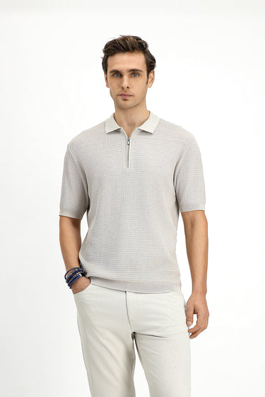 Açık Bej Slim Fit Dar Kesim Pamuk Desenli Fermuarlı Polo Yaka Tişört
