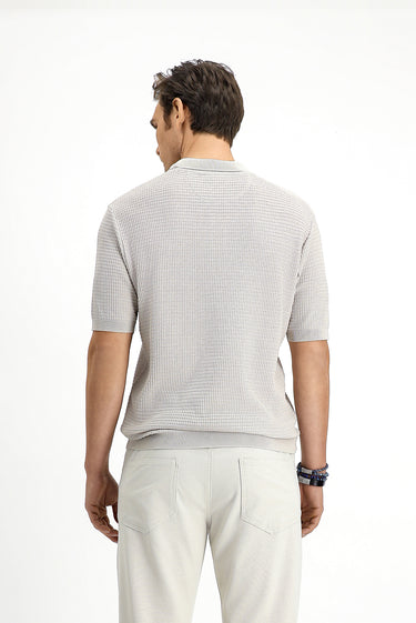 Açık Bej Slim Fit Dar Kesim Pamuk Desenli Fermuarlı Polo Yaka Tişört