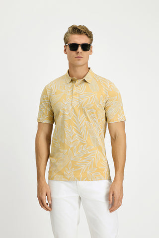  Orta Bej Slim Fit Dar Kesim Baskılı Pamuk Polo Yaka Tişört