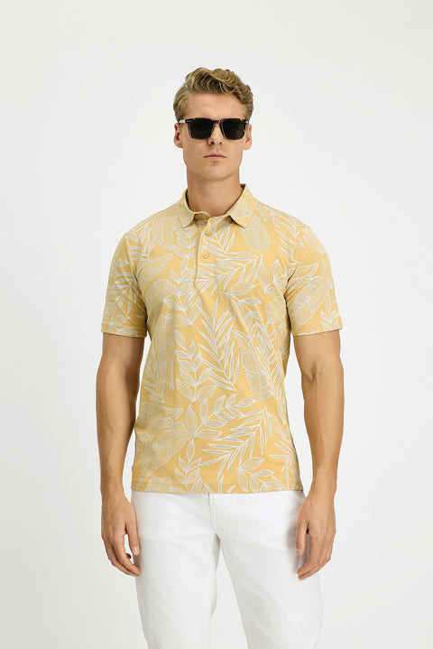 Orta Bej Slim Fit Dar Kesim Baskılı Pamuk Polo Yaka Tişört