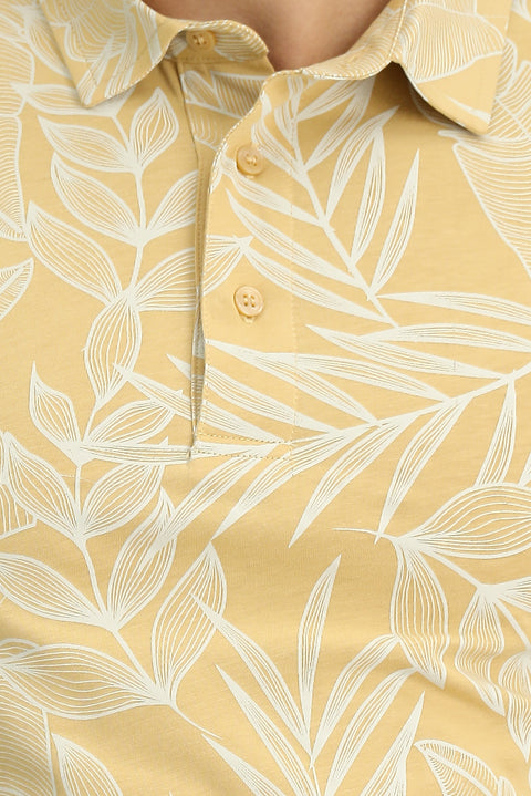 Orta Bej Slim Fit Dar Kesim Baskılı Pamuk Polo Yaka Tişört