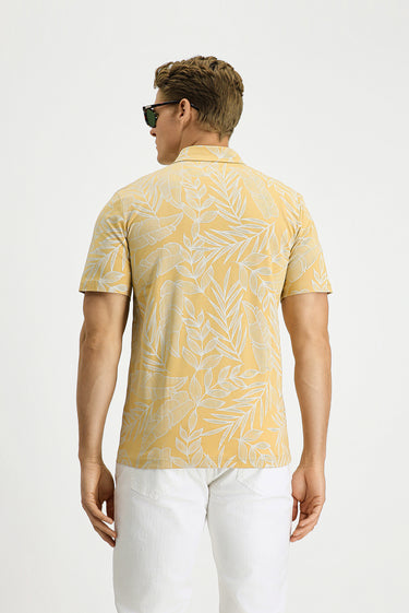 Orta Bej Slim Fit Dar Kesim Baskılı Pamuk Polo Yaka Tişört