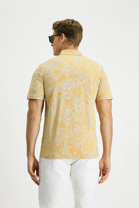 Orta Bej Slim Fit Dar Kesim Baskılı Pamuk Polo Yaka Tişört