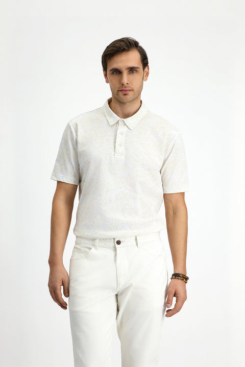 Beyaz Slim Fit Dar Kesim Baskılı Pamuk Polo Yaka Tişört