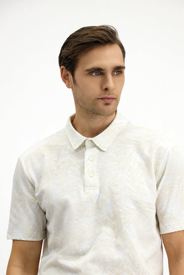 Beyaz Slim Fit Dar Kesim Baskılı Pamuk Polo Yaka Tişört