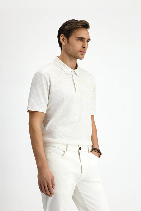 Beyaz Slim Fit Dar Kesim Baskılı Pamuk Polo Yaka Tişört