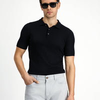 Siyah Slim Fit Dar Kesim Pamuk Polo Yaka Örme Tişört