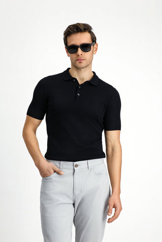  Siyah Slim Fit Dar Kesim Pamuk Polo Yaka Triko Tişört
