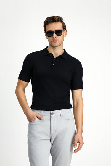  Siyah Slim Fit Dar Kesim Pamuk Polo Yaka Triko Tişört