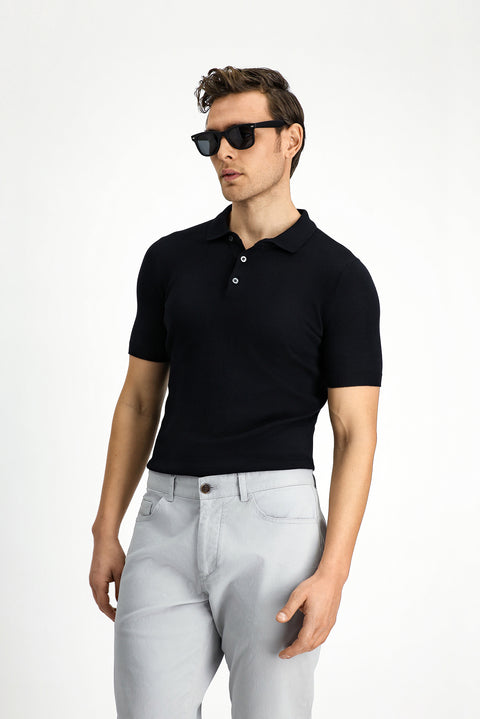Siyah Slim Fit Dar Kesim Pamuk Polo Yaka Örme Tişört