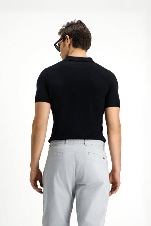 Siyah Slim Fit Dar Kesim Pamuk Polo Yaka Örme Tişört