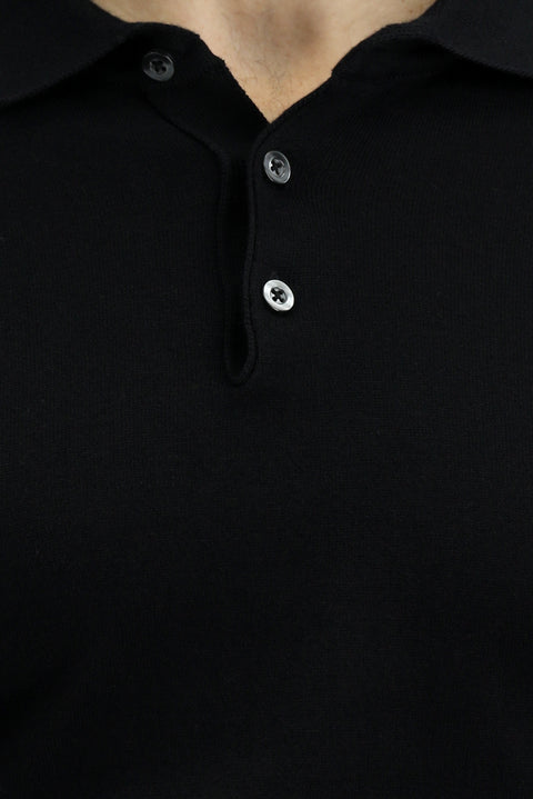 Siyah Slim Fit Dar Kesim Pamuk Polo Yaka Örme Tişört