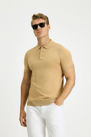  Orta Bej Slim Fit Dar Kesim Pamuk Polo Yaka Triko Tişört