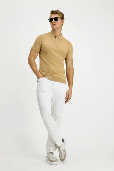  Orta Bej Slim Fit Dar Kesim Pamuk Polo Yaka Triko Tişört