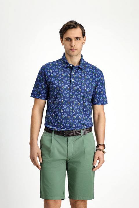 Açık Lacivert Slim Fit Dar Kesim Pamuklu Baskılı Polo Yaka Tişört