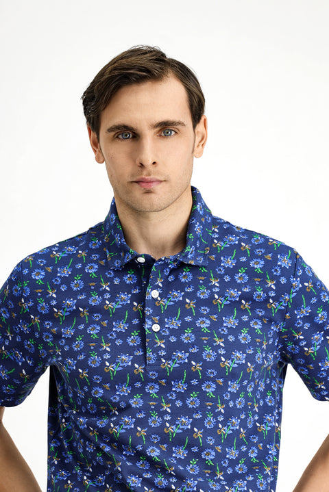 Açık Lacivert Slim Fit Dar Kesim Pamuklu Baskılı Polo Yaka Tişört