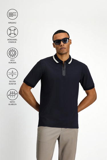  Koyu Lacivert Techno-Line Fermuarlı Likralı Slim Fit Dar Kesim Polo Yaka Tişört