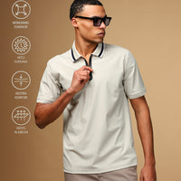 Açık Bej Techno-Line Fermuarlı Likralı Slim Fit Dar Kesim Polo Yaka Tişört