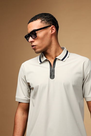 Açık Bej Techno-Line Fermuarlı Likralı Slim Fit Dar Kesim Polo Yaka Tişört