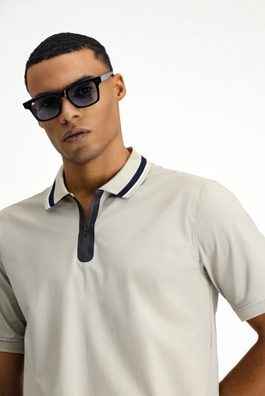  Açık Bej Techno-Line Fermuarlı Likralı Slim Fit Dar Kesim Polo Yaka Tişört