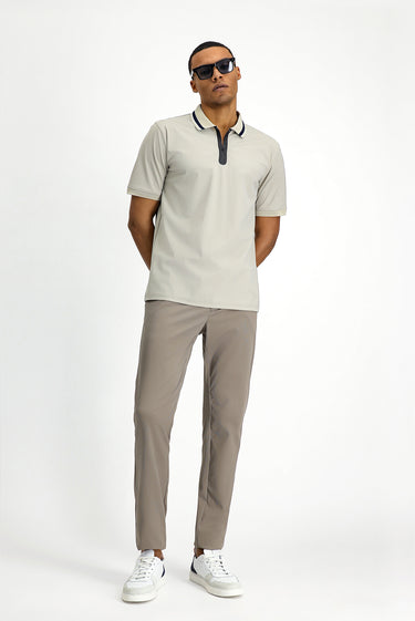  Açık Bej Techno-Line Fermuarlı Likralı Slim Fit Dar Kesim Polo Yaka Tişört