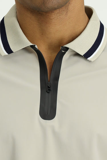 Açık Bej Techno-Line Fermuarlı Likralı Slim Fit Dar Kesim Polo Yaka Tişört