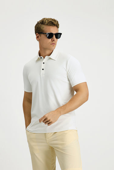  Kırık Beyaz Slim Fit Dar Kesim Likralı Polo Yaka Tişört
