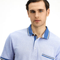 Açık Mavi Melanj Slim Fit Dar Kesim Pamuklu Desenli Cepli Polo Yaka Tişört