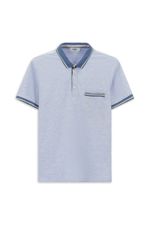 Açık Mavi Melanj Slim Fit Dar Kesim Pamuklu Desenli Cepli Polo Yaka Tişört