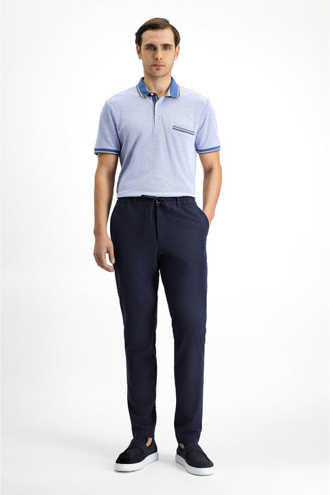 Açık Mavi Melanj Slim Fit Dar Kesim Pamuklu Desenli Cepli Polo Yaka Tişört