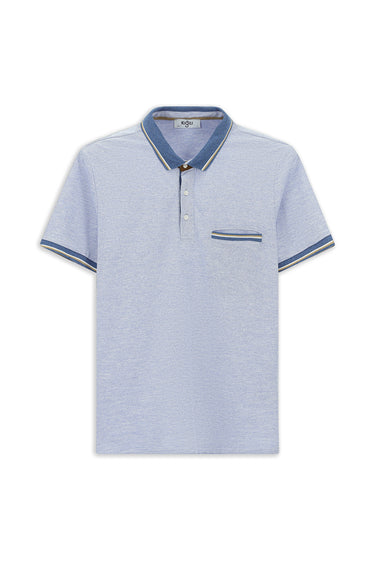 Açık Mavi Melanj Slim Fit Dar Kesim Pamuklu Desenli Cepli Polo Yaka Tişört