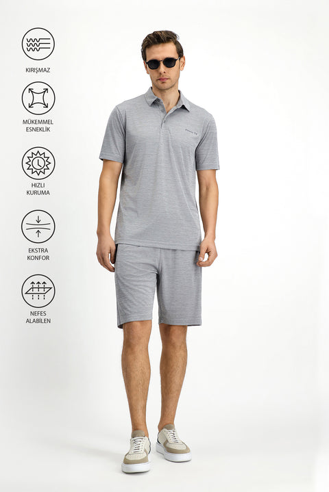 Açık Gri Slim Fit Dar Kesim Baskılı Polo Yaka Tişört