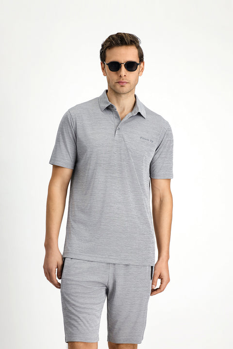 Açık Gri Slim Fit Dar Kesim Baskılı Polo Yaka Tişört