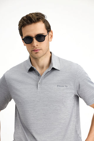  Aç?k Gri Slim Fit Dar Kesim Bask?l? Polo Yaka Ti?ört-Ki??l?