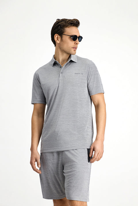 Açık Gri Slim Fit Dar Kesim Baskılı Polo Yaka Tişört